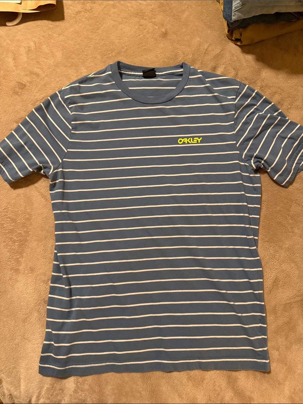 Oakley Blue and White Striped Crew Tee with Neon Logo